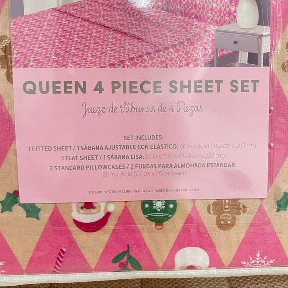 NEW Christmas Queen Pink and Tan Sheet Set Santa Gingerbread Candy Cane - Picture 4 of 5
